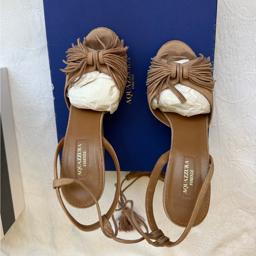 Aquazzura Wild One Wedge Sandals with Tassels Nude-Tan /VintagePink Color Size37 - Picture 6 of 11
